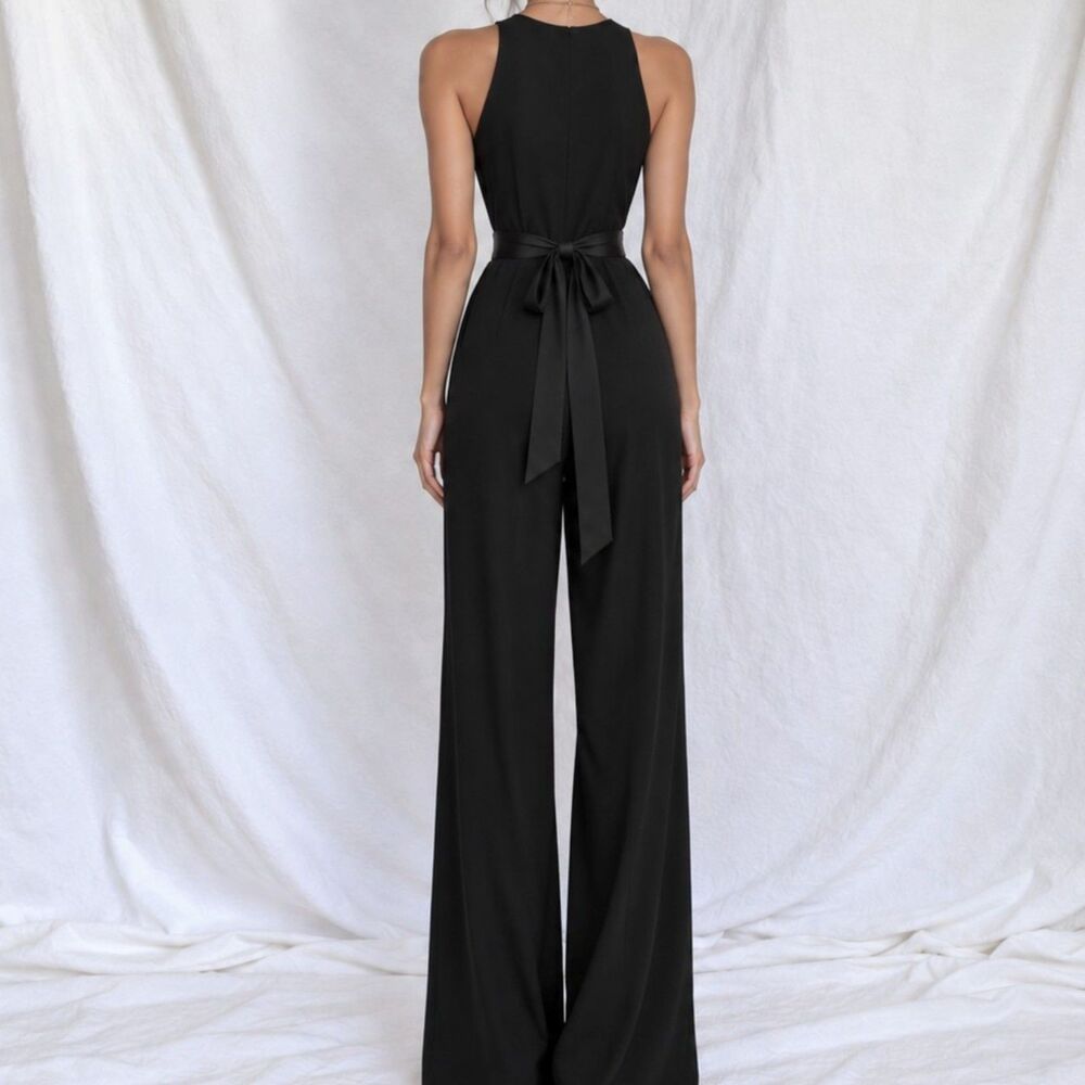 Vintage Y2K Black Sleeveless V-neck Wide Leg One Piece Office Jumpsuit Size M - Picture 4 of 9